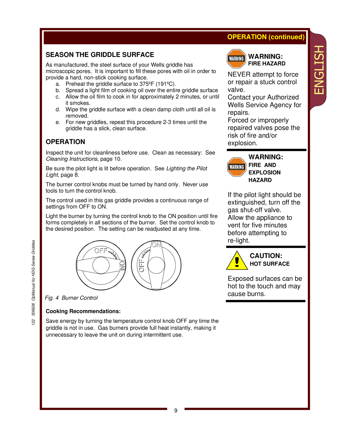 Wells HDG-2430G, HDG-3630G, HDG-4830G operation manual Season the Griddle Surface, Operation 