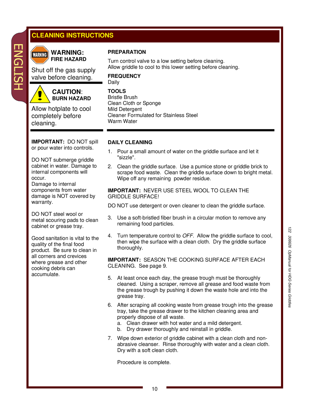 Wells HDG-3630G, HDG-4830G, HDG-2430G operation manual Burn Hazard, Preparation, Frequency, Tools, Daily Cleaning 