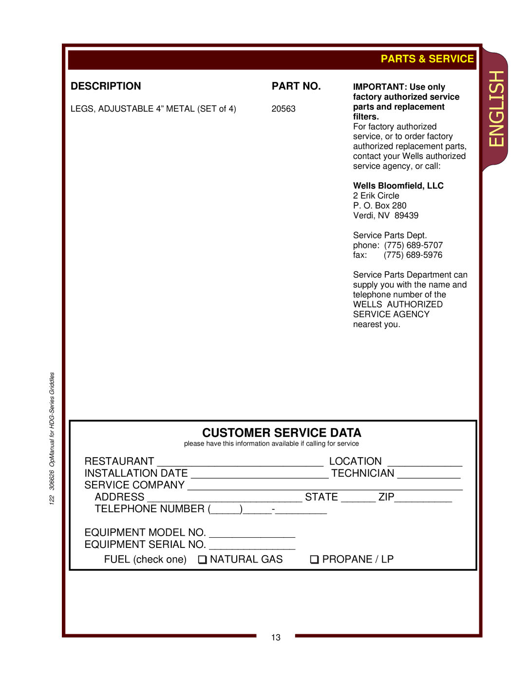 Wells HDG-3630G, HDG-4830G, HDG-2430G operation manual Wells Bloomfield, LLC 