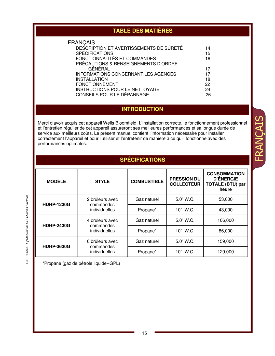 Wells HDG-2430G, HDG-3630G, HDG-4830G operation manual Consommation, Modèle Style Combustible Pression DU ’ÉNERGIE Collecteur 