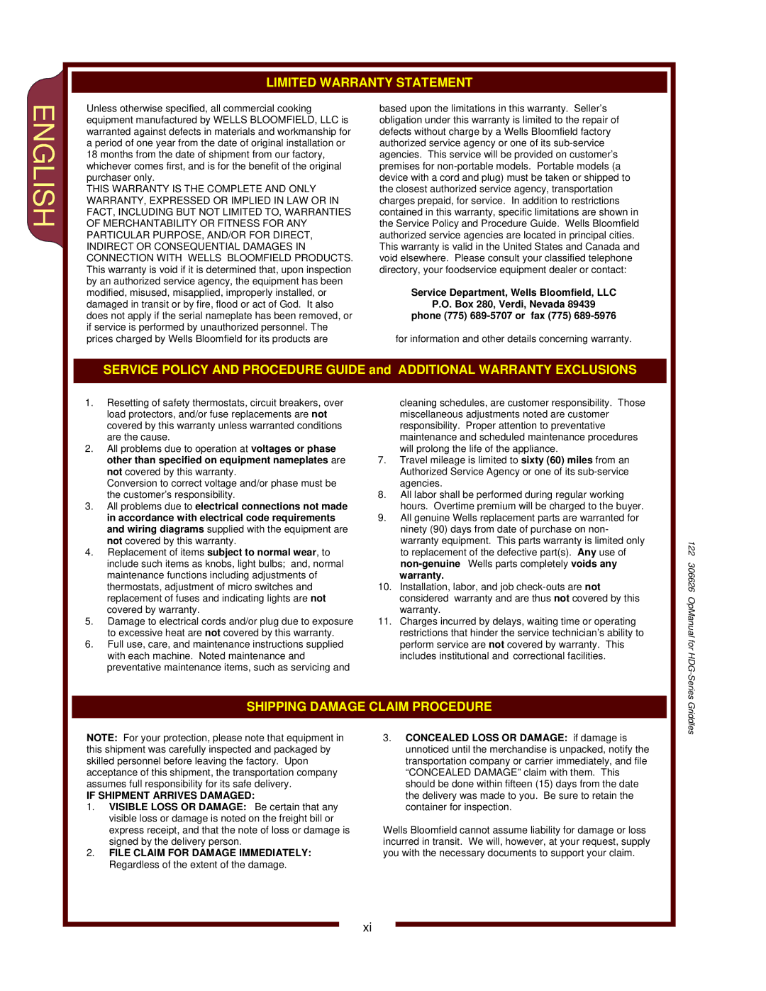 Wells HDG-2430G, HDG-3630G, HDG-4830G operation manual English 