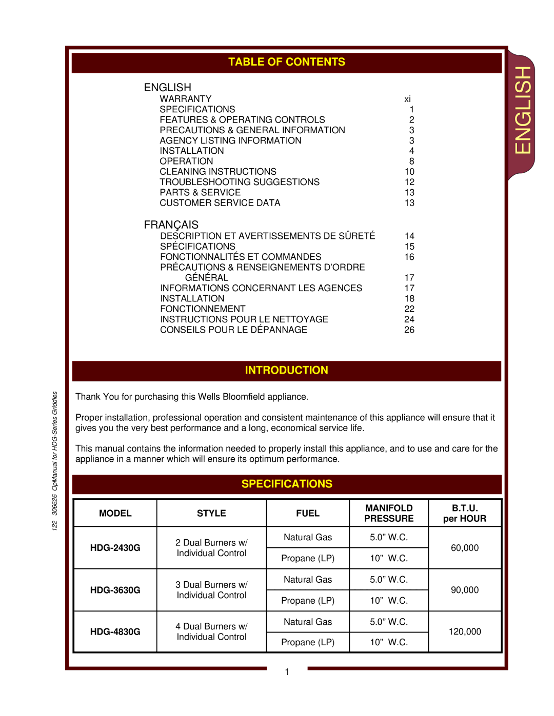 Wells HDG-3630G, HDG-4830G, HDG-2430G operation manual Introduction, Model Style Fuel Manifold Pressure 