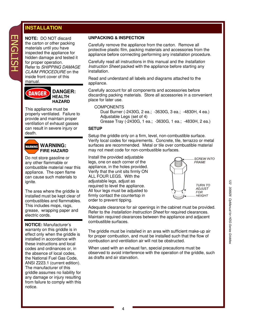 Wells HDG-3630G, HDG-4830G, HDG-2430G operation manual English 