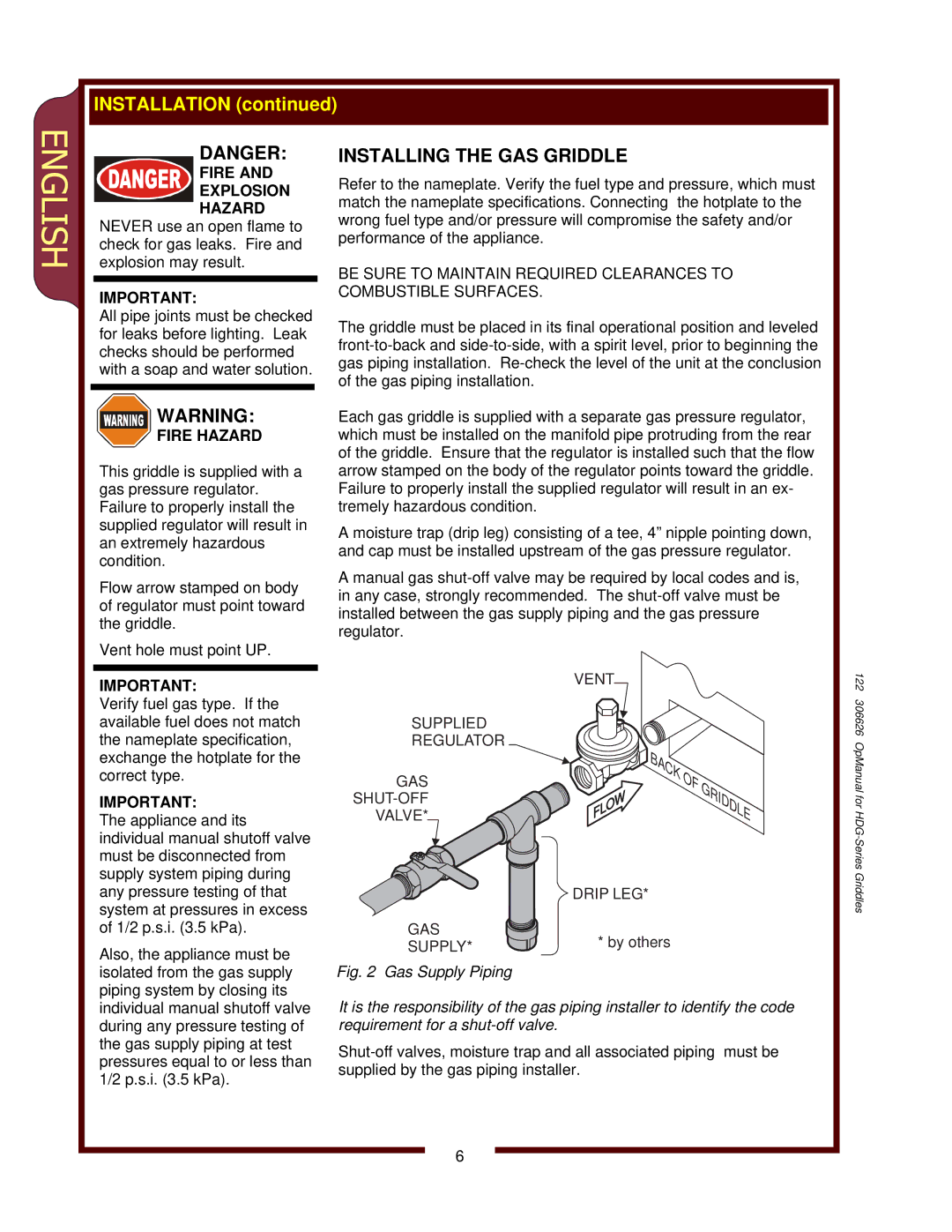 Wells HDG-2430G, HDG-3630G, HDG-4830G operation manual Installing the GAS Griddle, Fire Hazard 