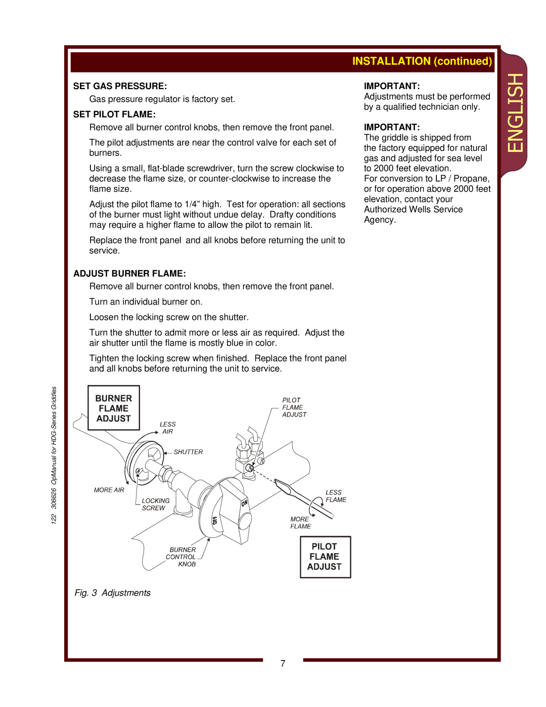 Wells HDG-3630G, HDG-4830G, HDG-2430G operation manual SET GAS Pressure, SET Pilot Flame, Adjust Burner Flame 