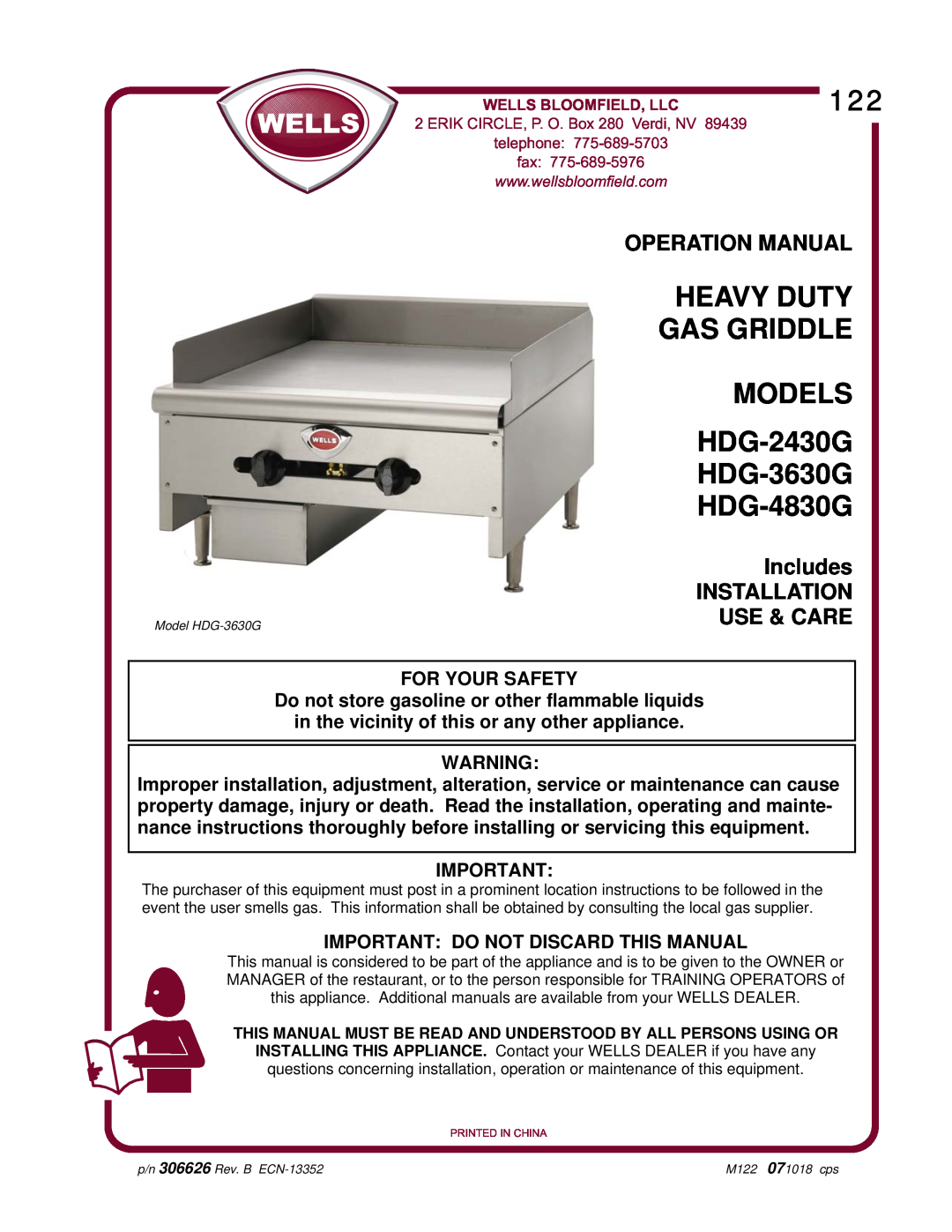 Wells HDG-4830G operation manual Operation Manual, Includes INSTALLATION USE & CARE, Important: Do Not Discard This Manual 