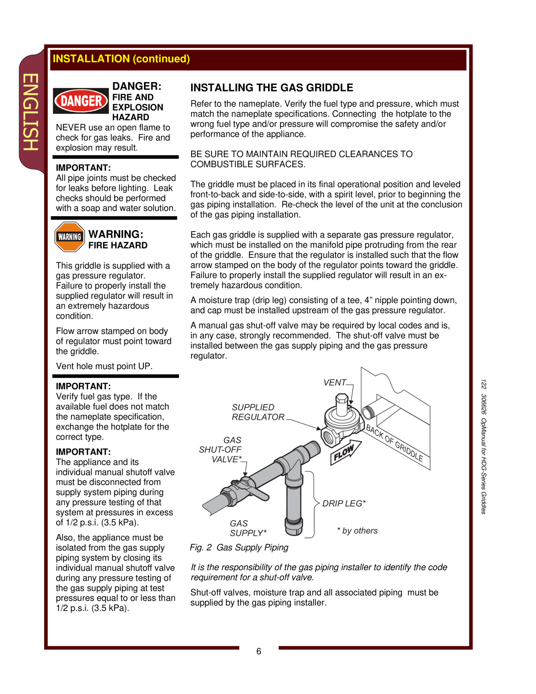 Wells HDG-2430G Installing The Gas Griddle, English, Danger, Fire And Explosion Hazard, Fire Hazard, Vent, Drip Leg 