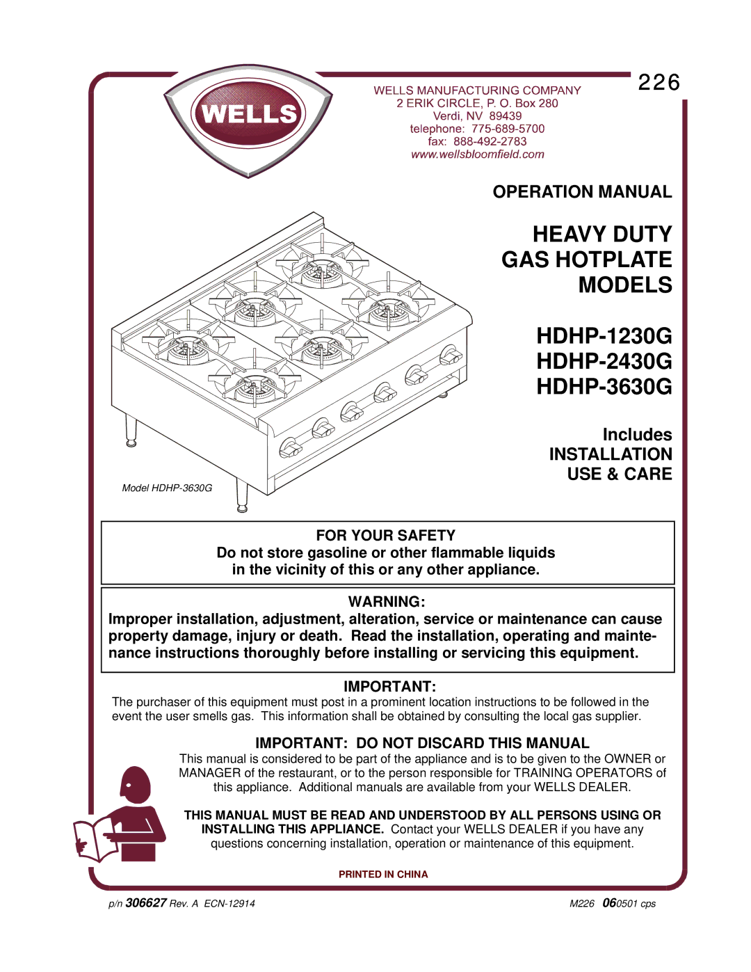 Wells HDHP-1230G, HDHP-3630G operation manual Heavy Duty GAS Hotplate Models, Important do not Discard this Manual 