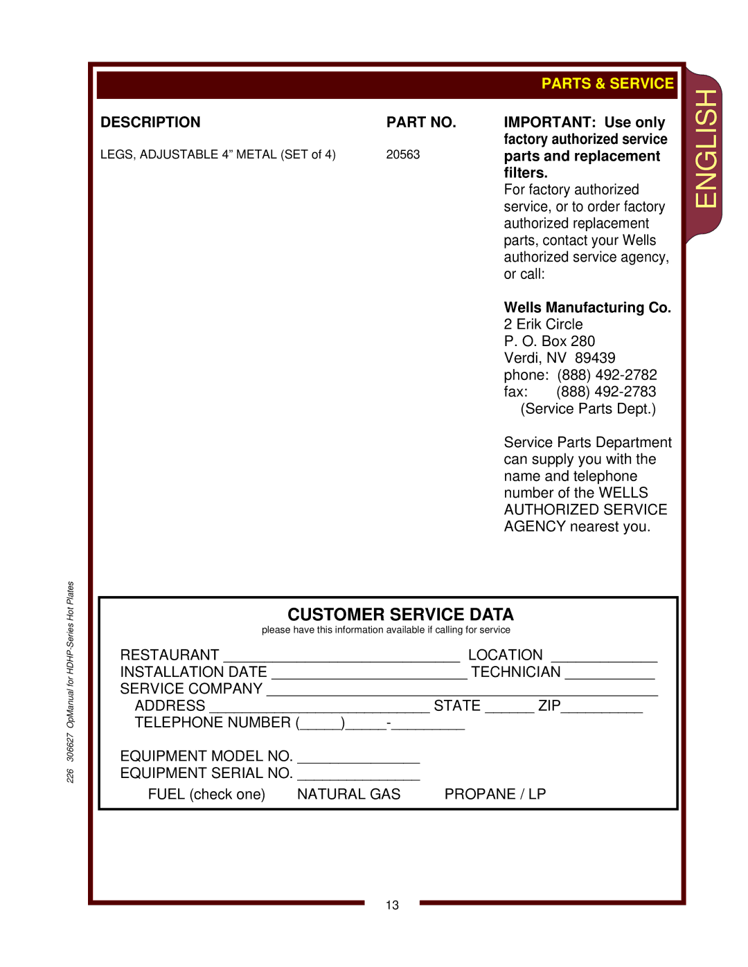 Wells HDHP-3630G, HDHP-1230G, HDHP-2430G operation manual English 