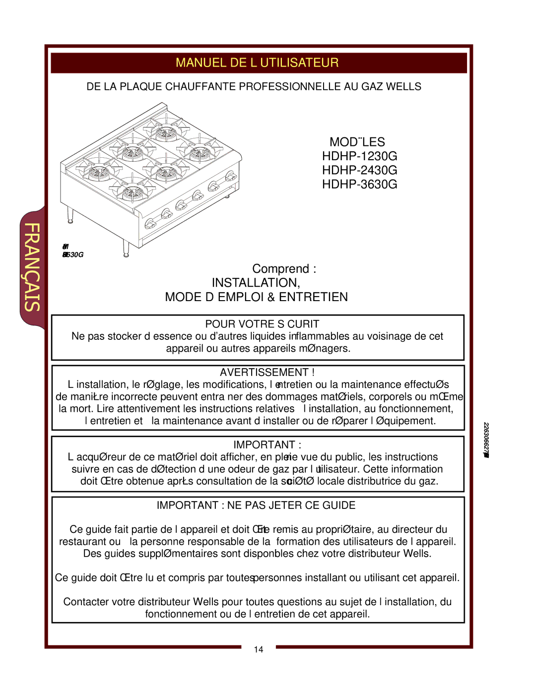 Wells HDHP-1230G, HDHP-3630G DE LA Plaque Chauffante Professionnelle AU GAZ Wells, Pour Votre Sécurité, Avertissement 