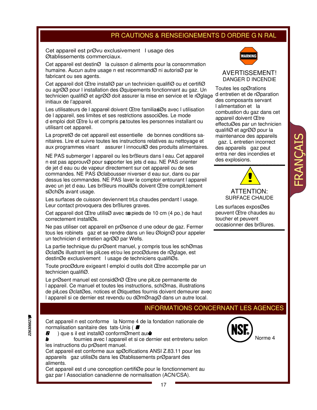 Wells HDHP-1230G, HDHP-3630G, HDHP-2430G operation manual Français 