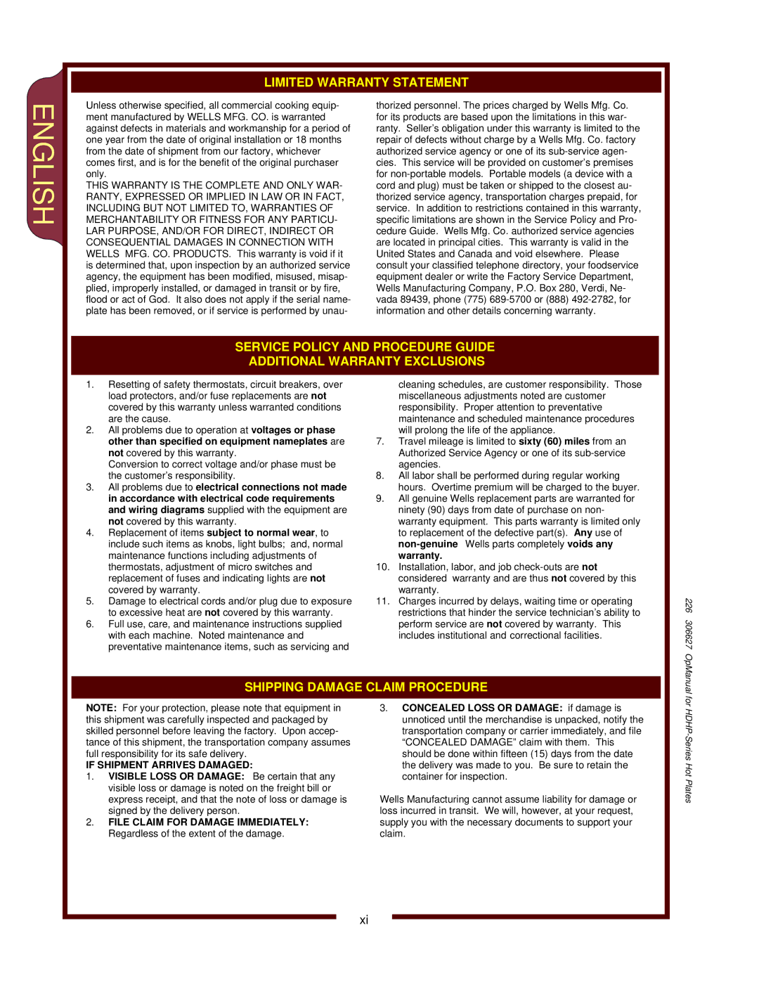 Wells HDHP-2430G, HDHP-3630G, HDHP-1230G operation manual English 