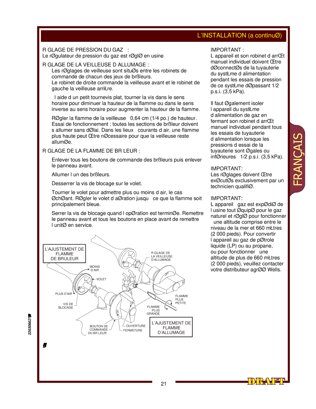 Wells HDHP-2430G, HDHP-3630G, HDHP-1230G operation manual Réglage DE Pression DU GAZ, Réglage DE LA Flamme DE Brûleur 