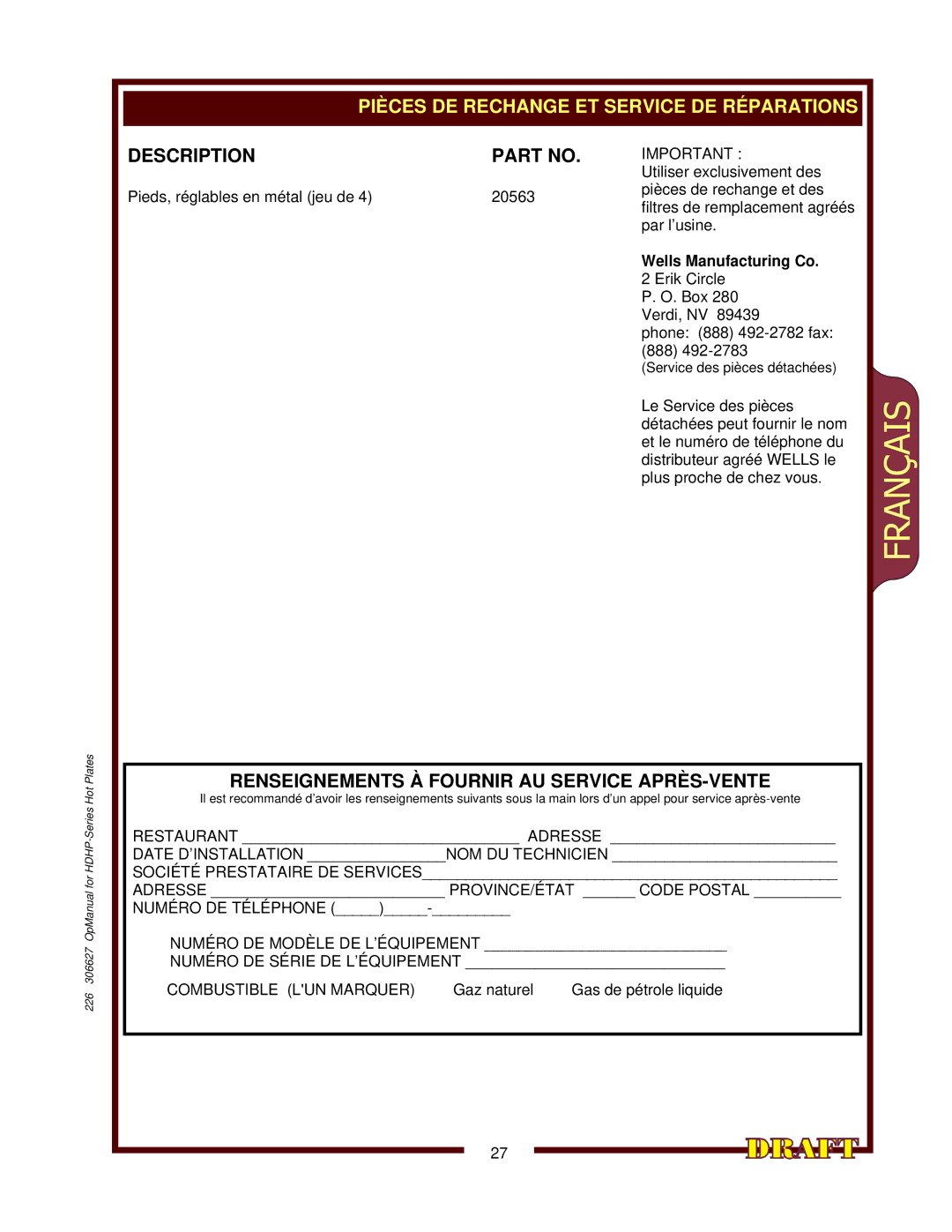 Wells HDHP-2430G, HDHP-3630G, HDHP-1230G operation manual Français 