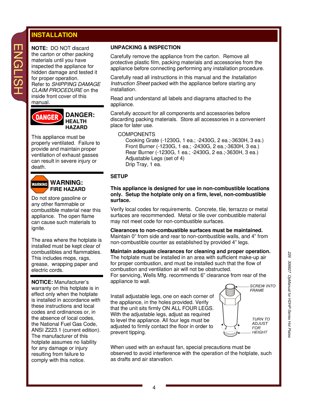 Wells HDHP-3630G, HDHP-1230G, HDHP-2430G operation manual English 