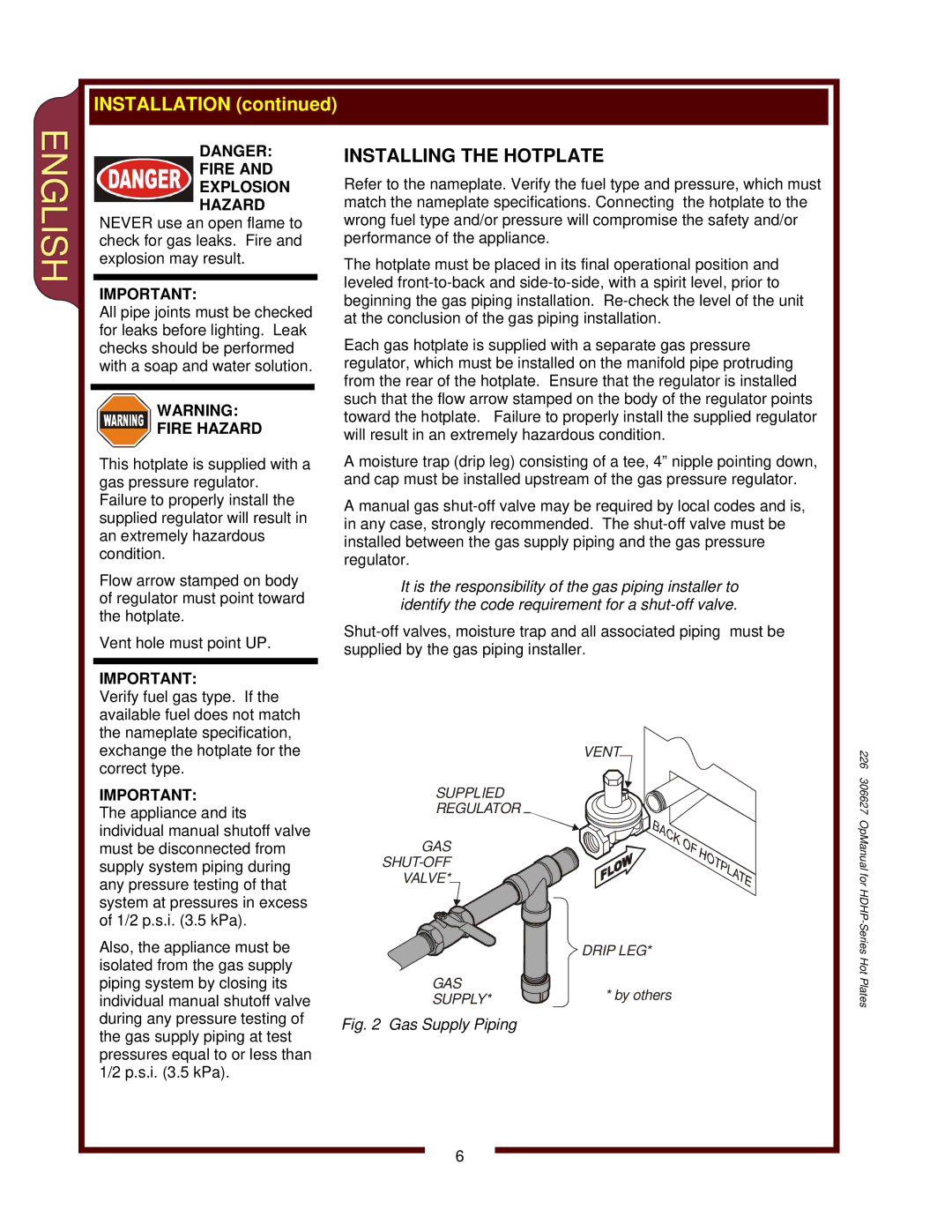 Wells HDHP-2430G, HDHP-3630G, HDHP-1230G operation manual Installing the Hotplate, Gas Supply Piping 