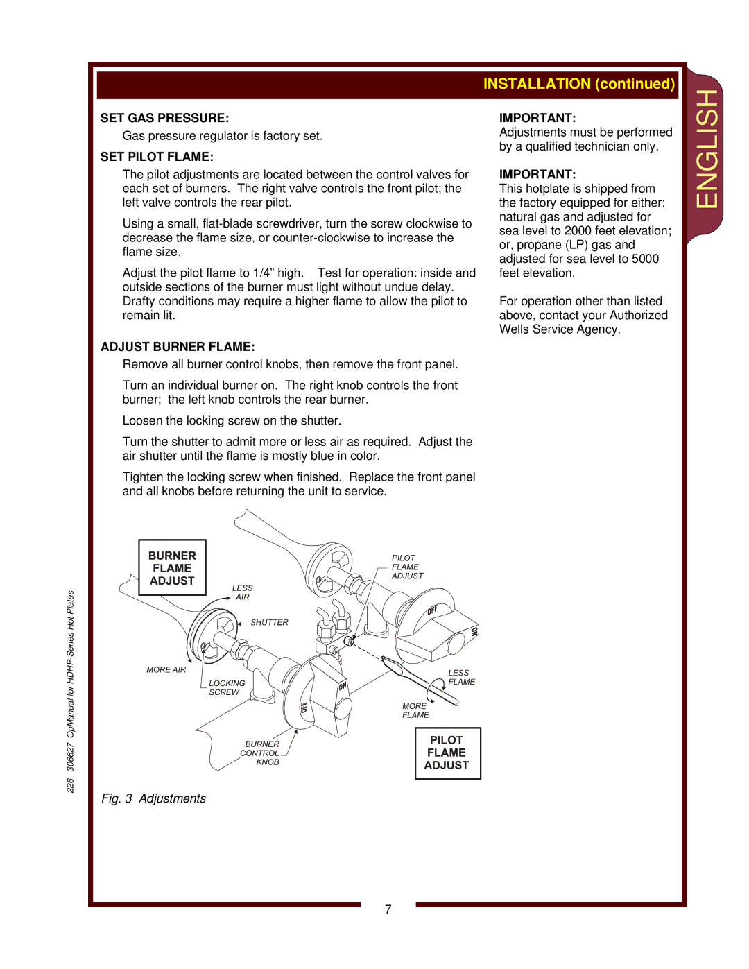 Wells HDHP-3630G, HDHP-1230G, HDHP-2430G operation manual SET GAS Pressure, SET Pilot Flame, Adjust Burner Flame 