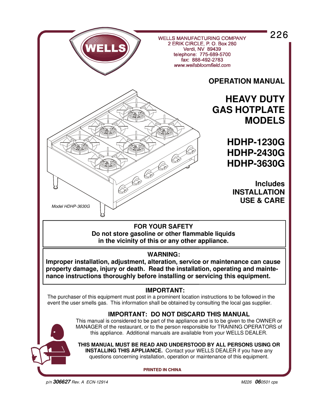 Wells HDHP-1230G, HDHP-3630G operation manual Includes INSTALLATION USE & CARE, Important Do Not Discard This Manual, fax 