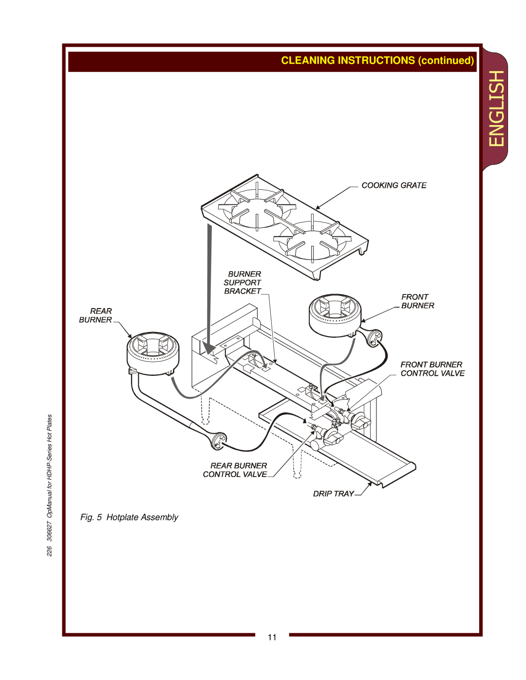 Wells HDHP-1230G, HDHP-3630G, HDHP-2430G operation manual CLEANING INSTRUCTIONS continued, English, Hotplate Assembly 