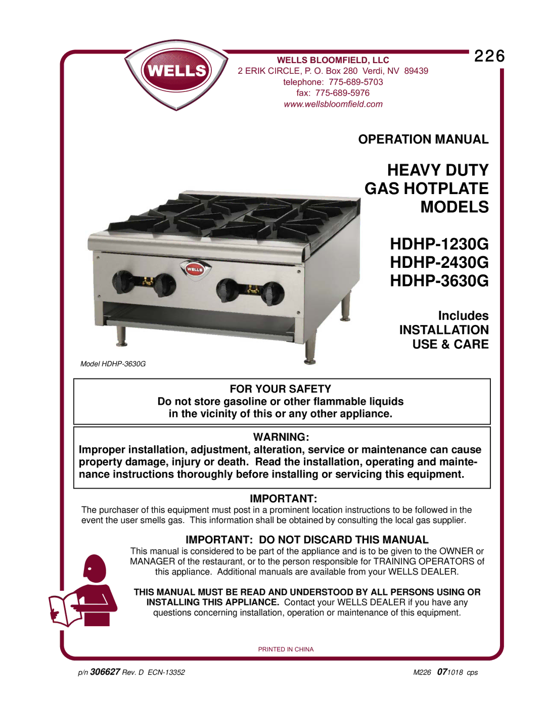 Wells HDHP-1230G, HDHP-3630G operation manual Heavy Duty GAS Hotplate Models, Important do not Discard this Manual 