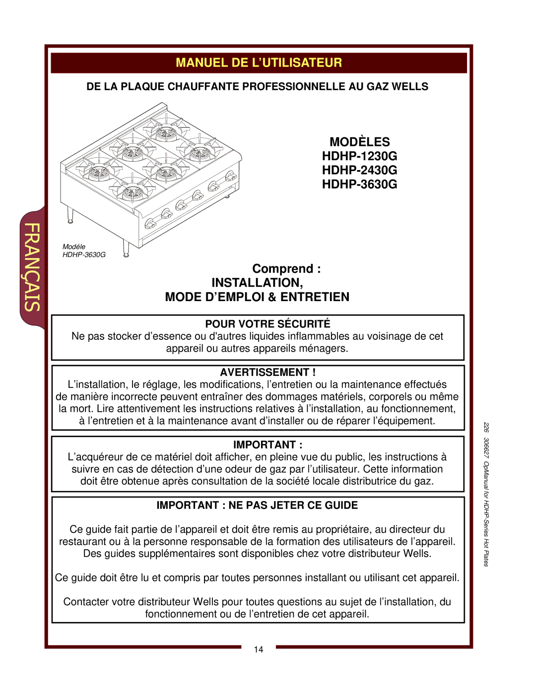 Wells HDHP-1230G, HDHP-3630G DE LA Plaque Chauffante Professionnelle AU GAZ Wells, Pour Votre Sécurité, Avertissement 