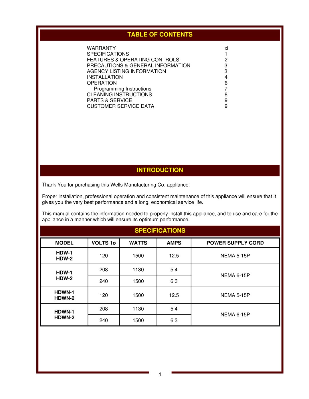 Wells operation manual Model, Watts Amps Power Supply Cord HDW-1, HDW-2 HDW-1, HDWN-2 HDWN-1 