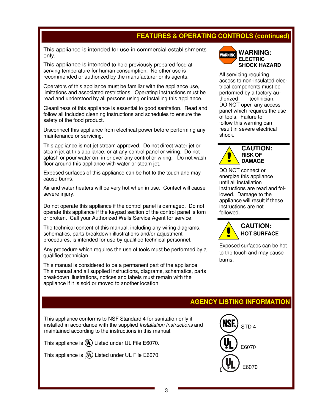 Wells HDW-2 operation manual Electric Shock Hazard, Risk Damage, HOT Surface 