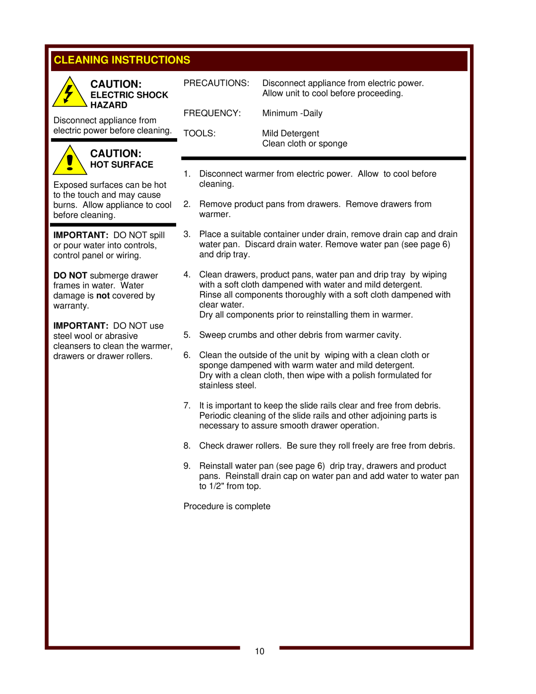Wells HDW-2 operation manual Electric Shock Hazard, Disconnect appliance from electric power before cleaning, Hot Surface 