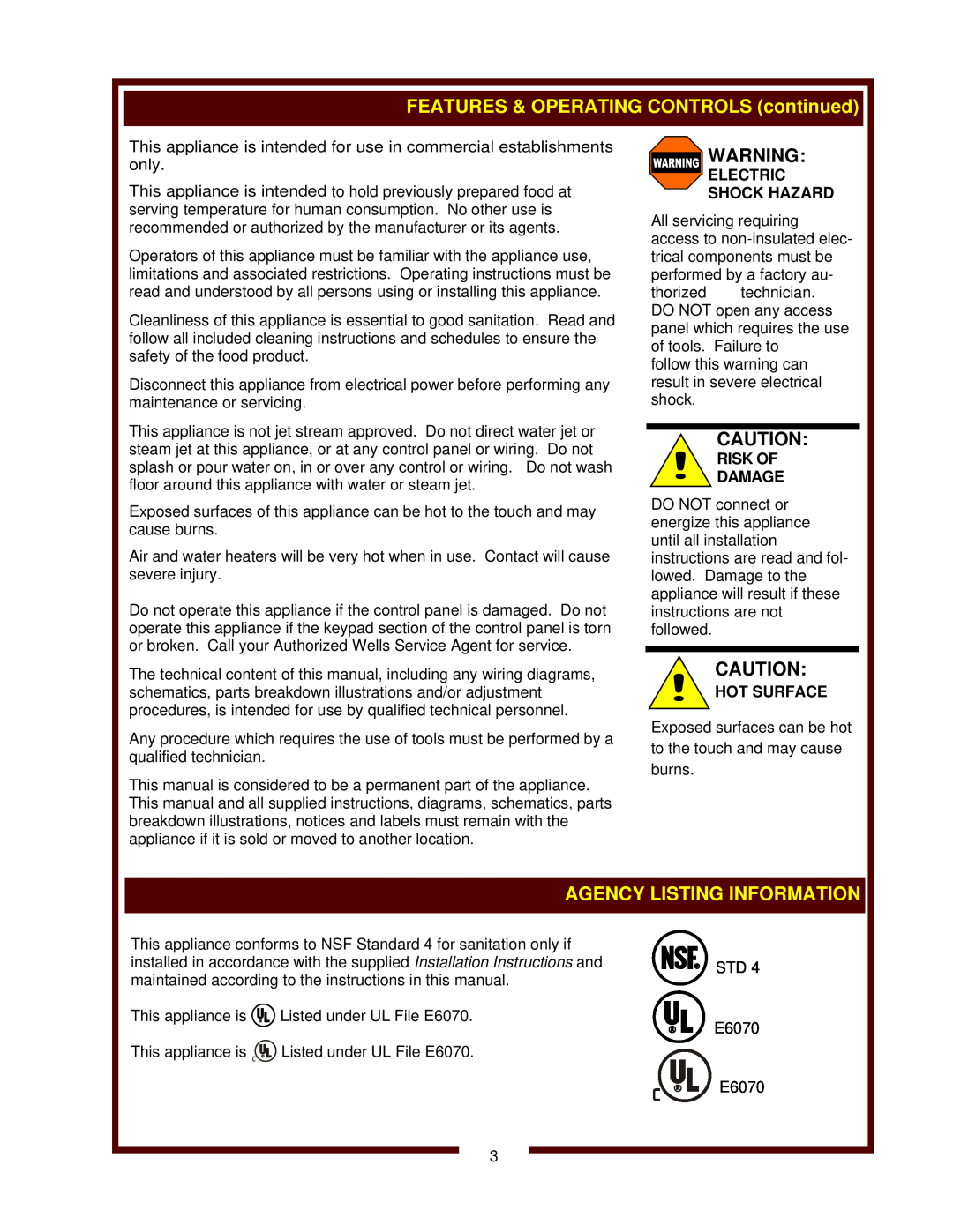 Wells HDW-2 operation manual Agency Listing Information, Electric Shock Hazard, Risk Of Damage, Hot Surface 