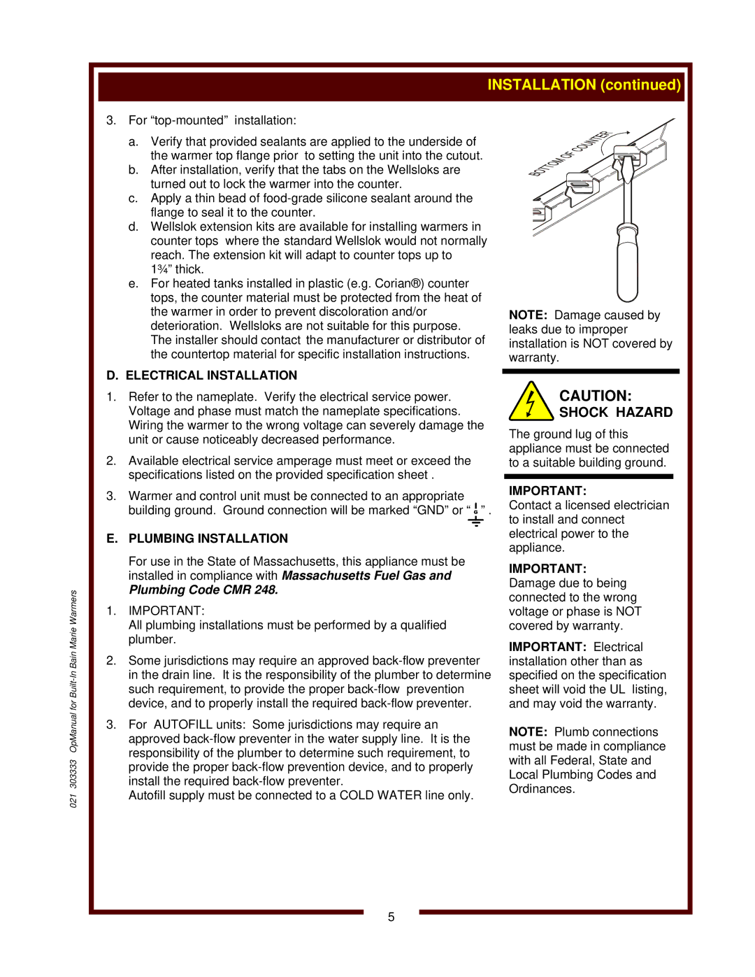 Wells HT-200, HT-527 operation manual Electrical Installation, Plumbing Installation 