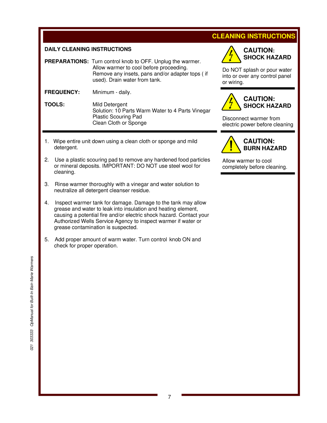 Wells HT-200, HT-527 operation manual Burn Hazard, Daily Cleaning Instructions, Frequency, Tools 