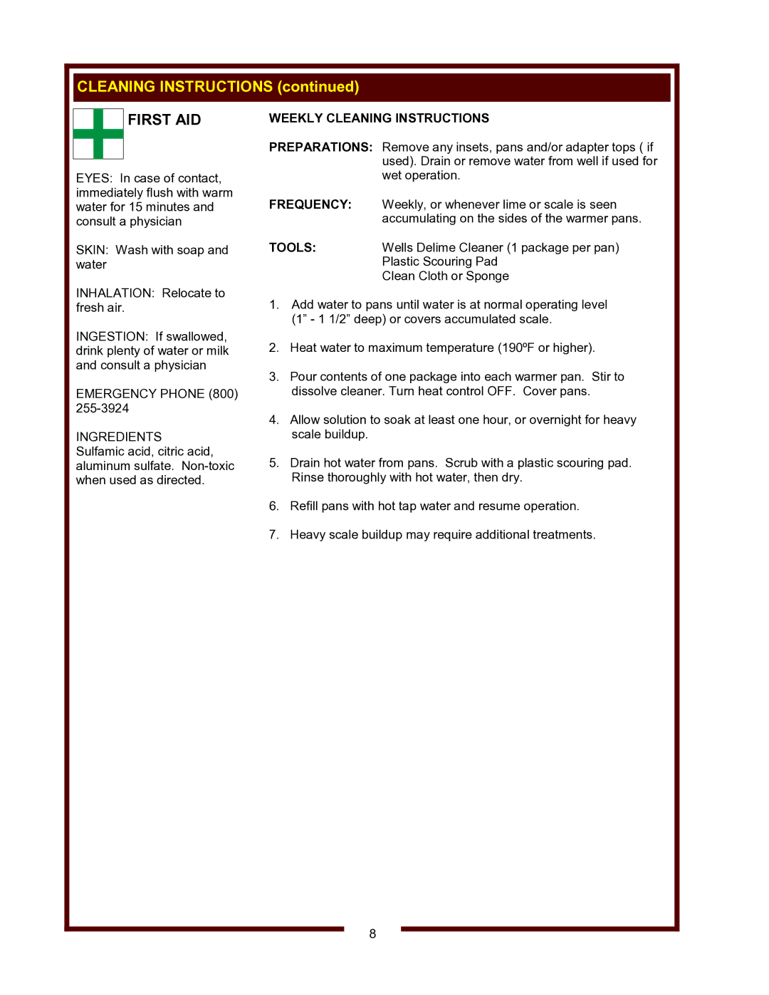 Wells HW-106D, HW/SMP-6D operation manual First AID, Weekly Cleaning Instructions 