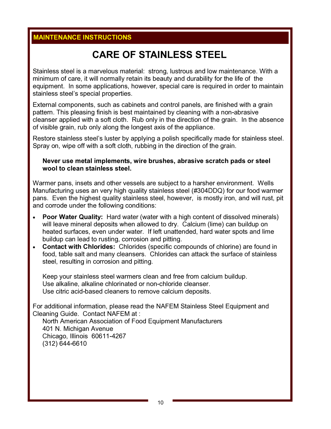 Wells HW-106D, HW/SMP-6D operation manual Care of Stainless Steel, Maintenance Instructions 