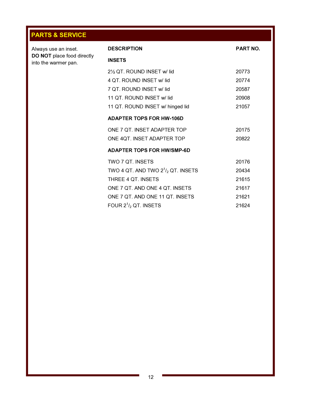 Wells operation manual Parts & Service, Description Insets, Adapter Tops for HW-106D, Adapter Tops for HW/SMP-6D 