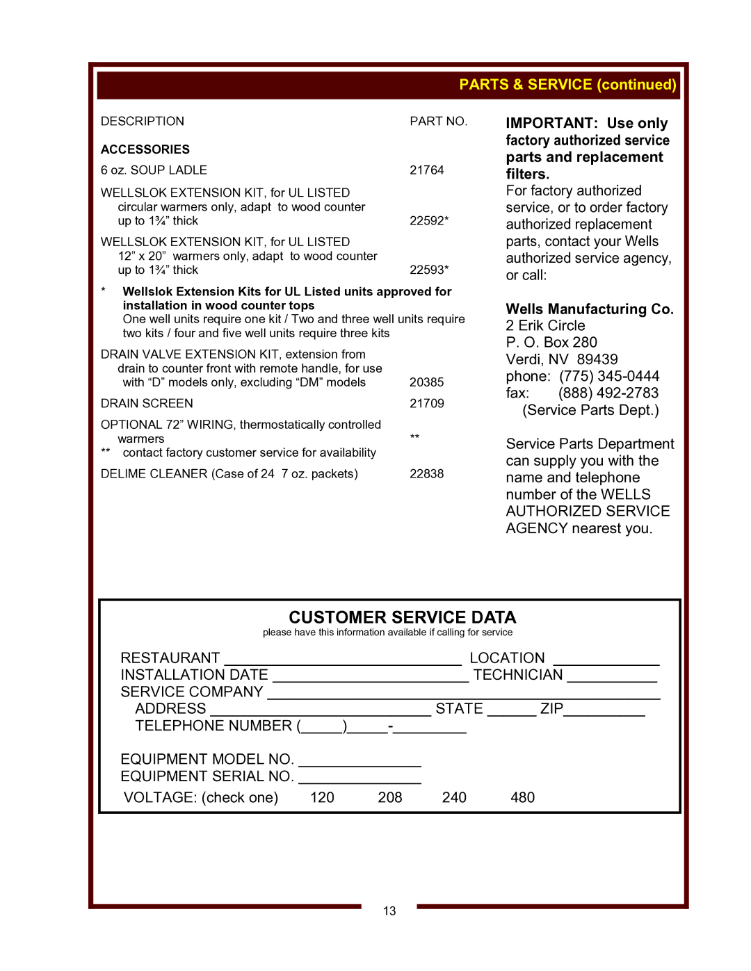 Wells HW/SMP-6D, HW-106D operation manual Parts & Service, Accessories 