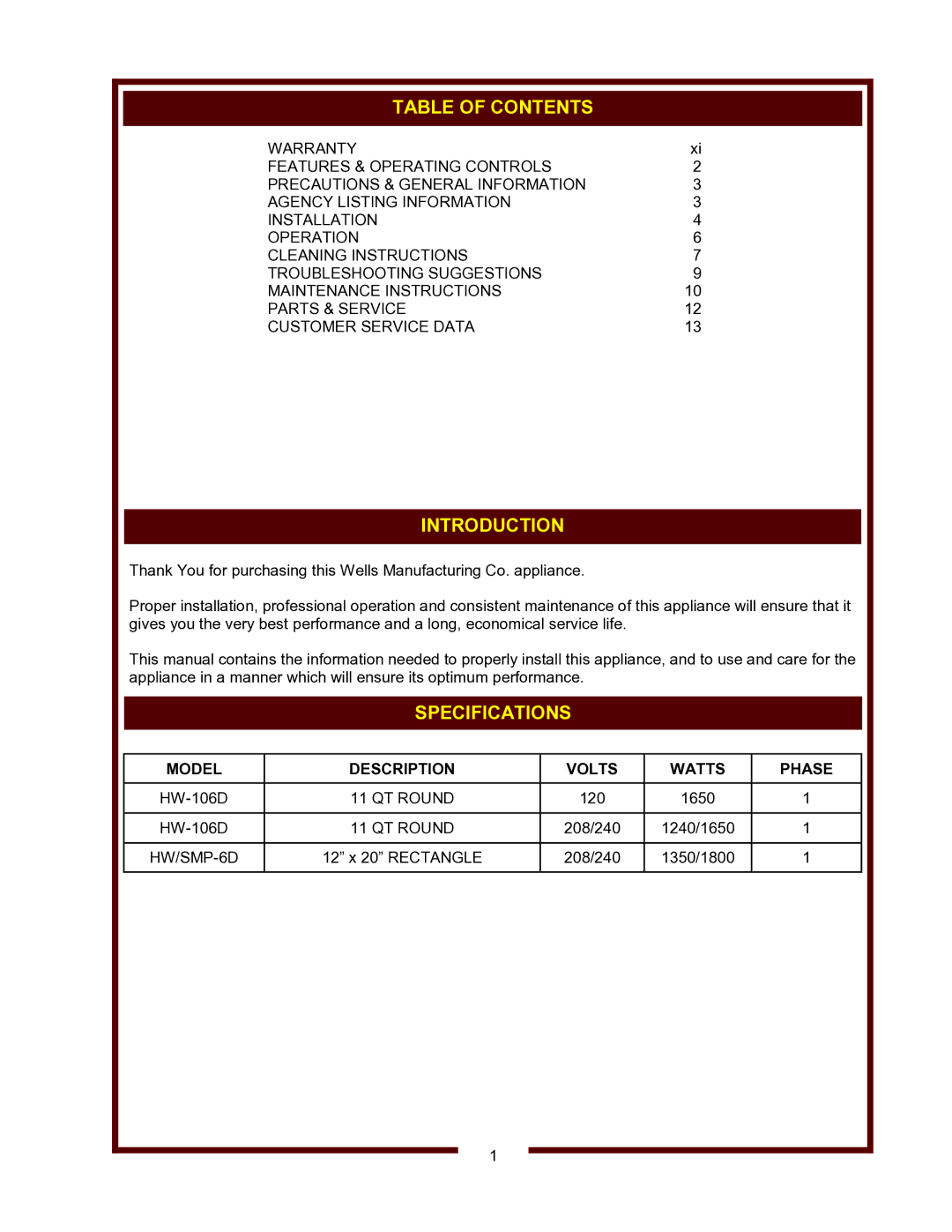 Wells HW/SMP-6D, HW-106D operation manual Table of Contents, Introduction, Specifications 