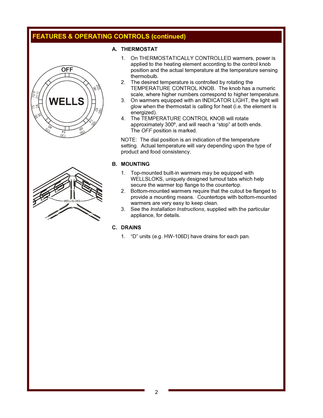 Wells HW-106D, HW/SMP-6D operation manual Thermostat, Mounting, Drains 