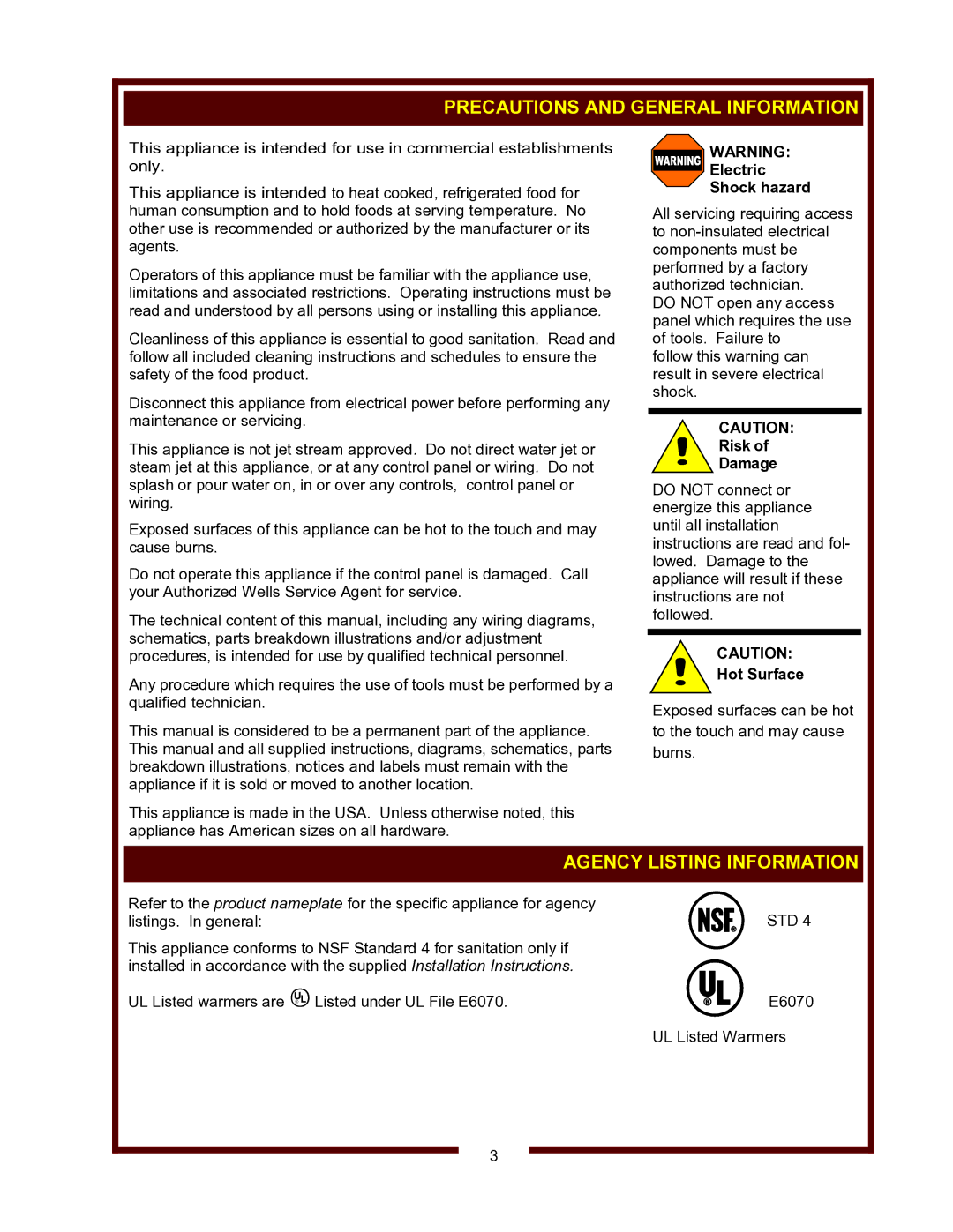 Wells HW/SMP-6D, HW-106D operation manual Precautions and General Information, Agency Listing Information 