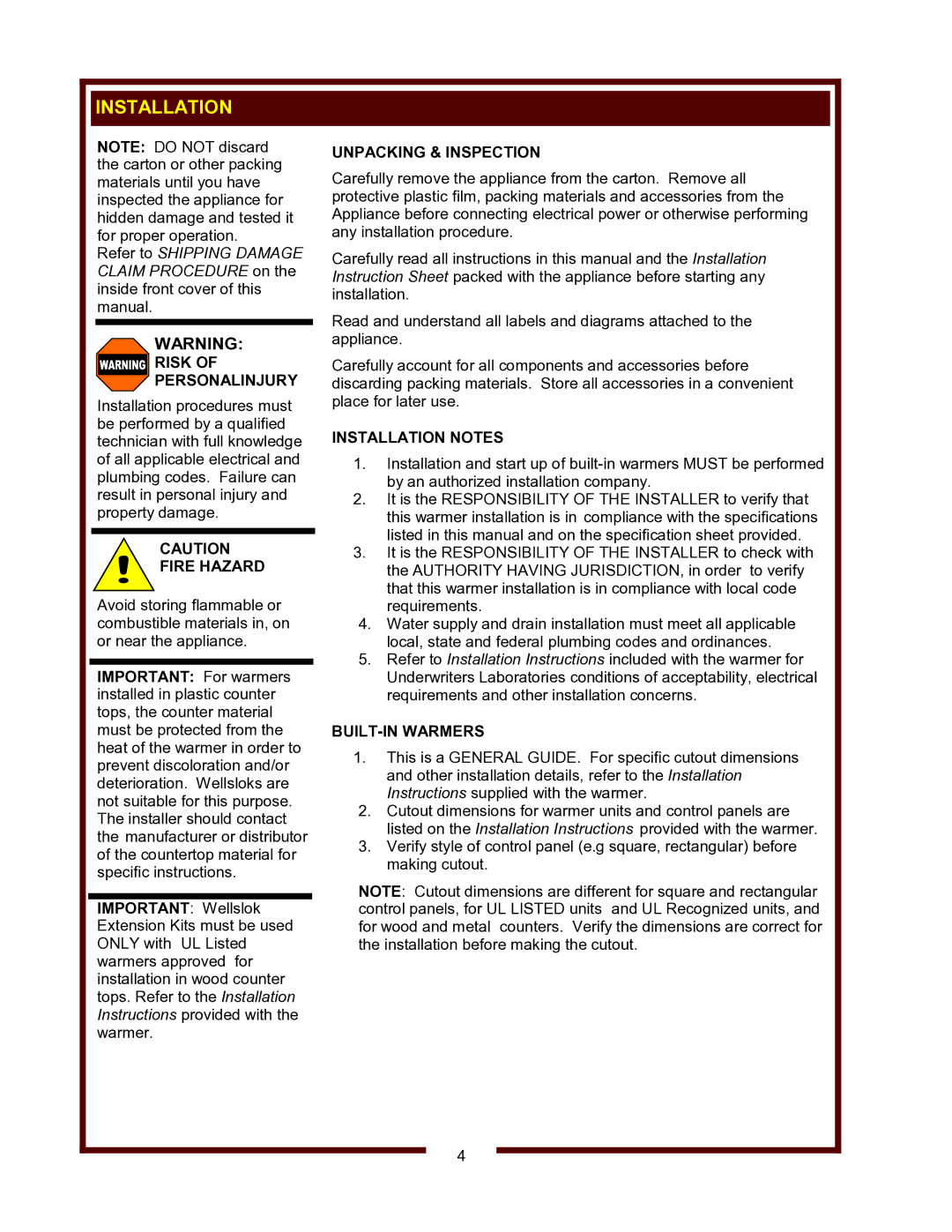 Wells HW-106D, HW/SMP-6D operation manual Installation 