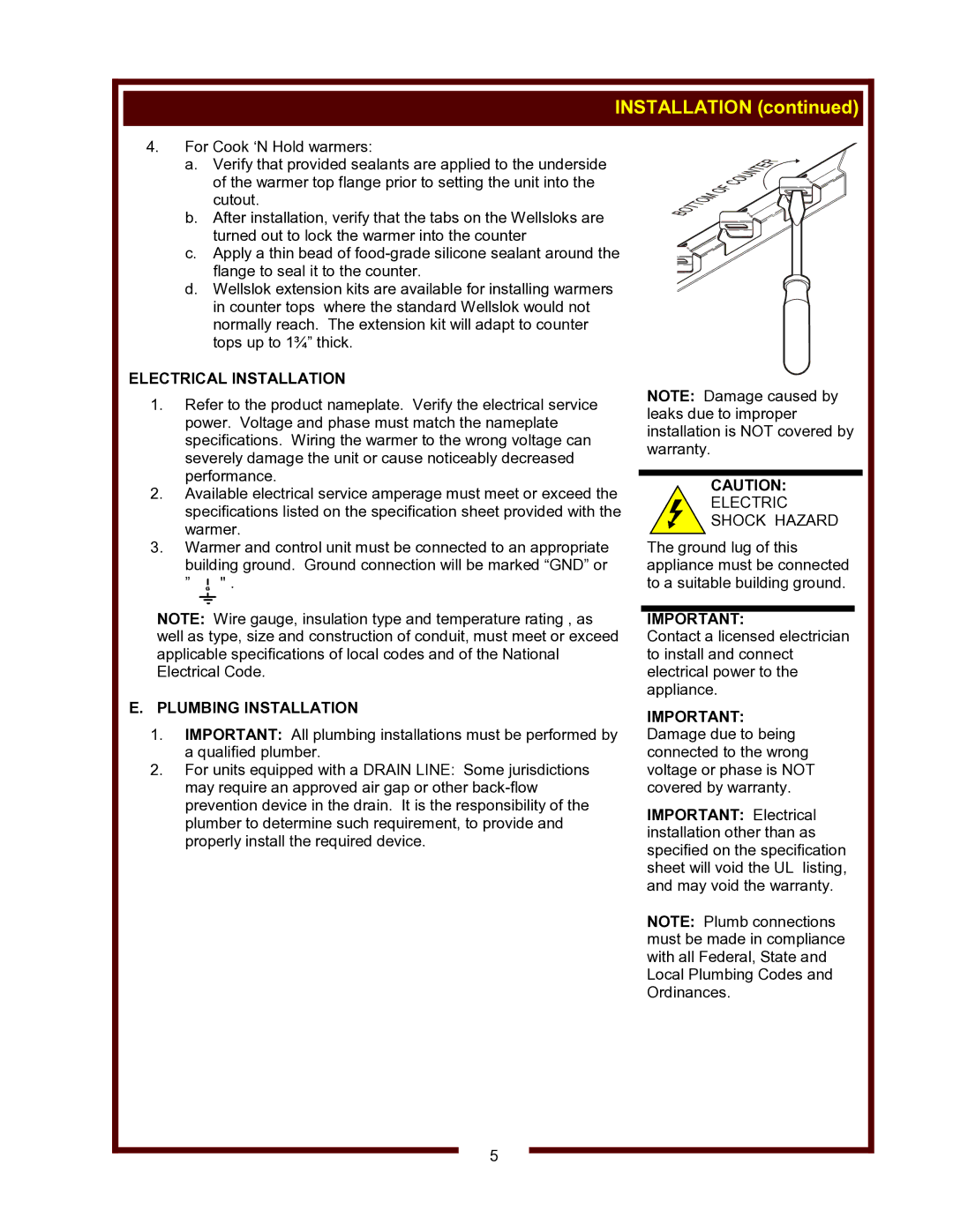 Wells HW/SMP-6D, HW-106D operation manual Electrical Installation, Plumbing Installation 