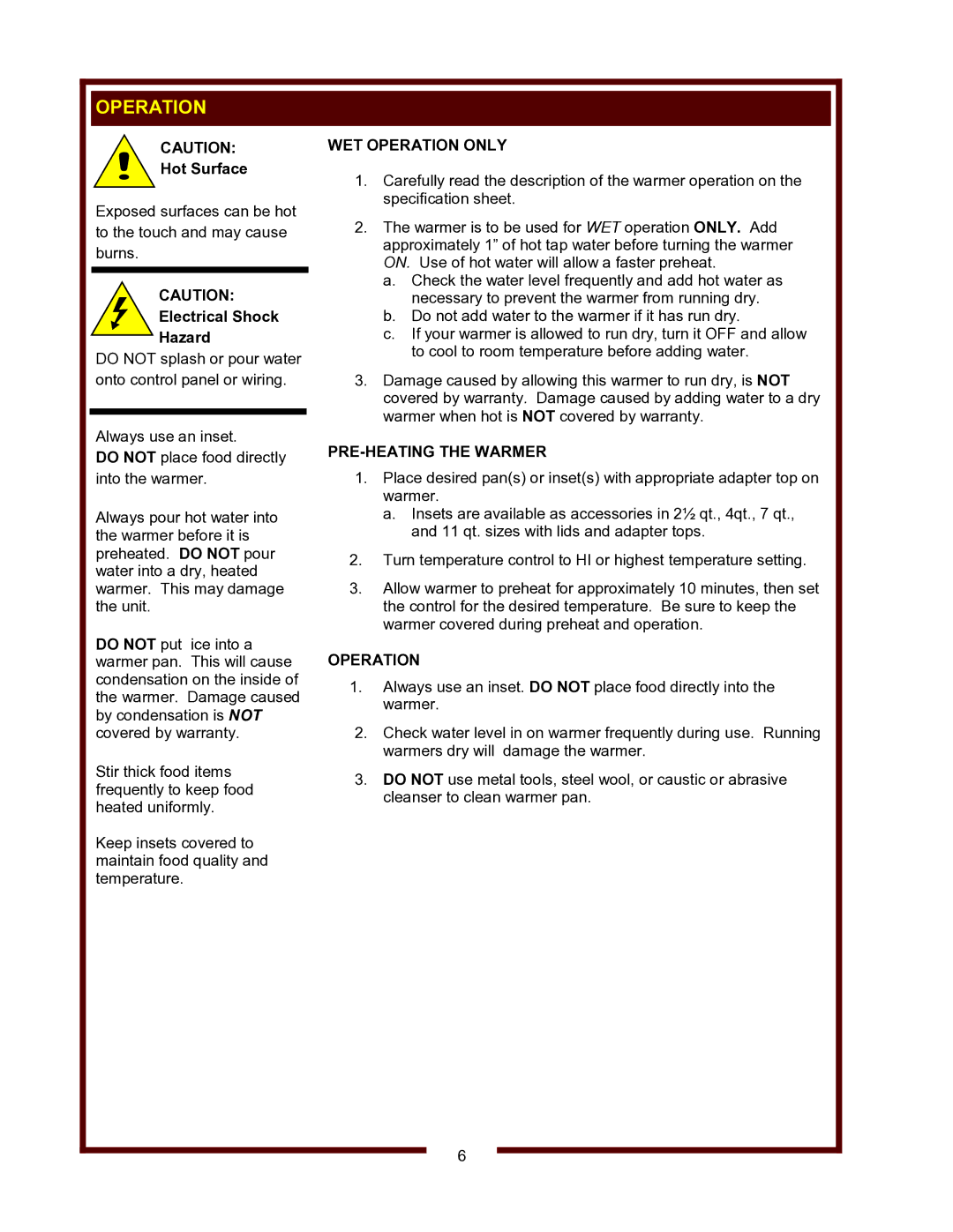 Wells HW-106D, HW/SMP-6D operation manual WET Operation only, PRE-HEATING the Warmer 