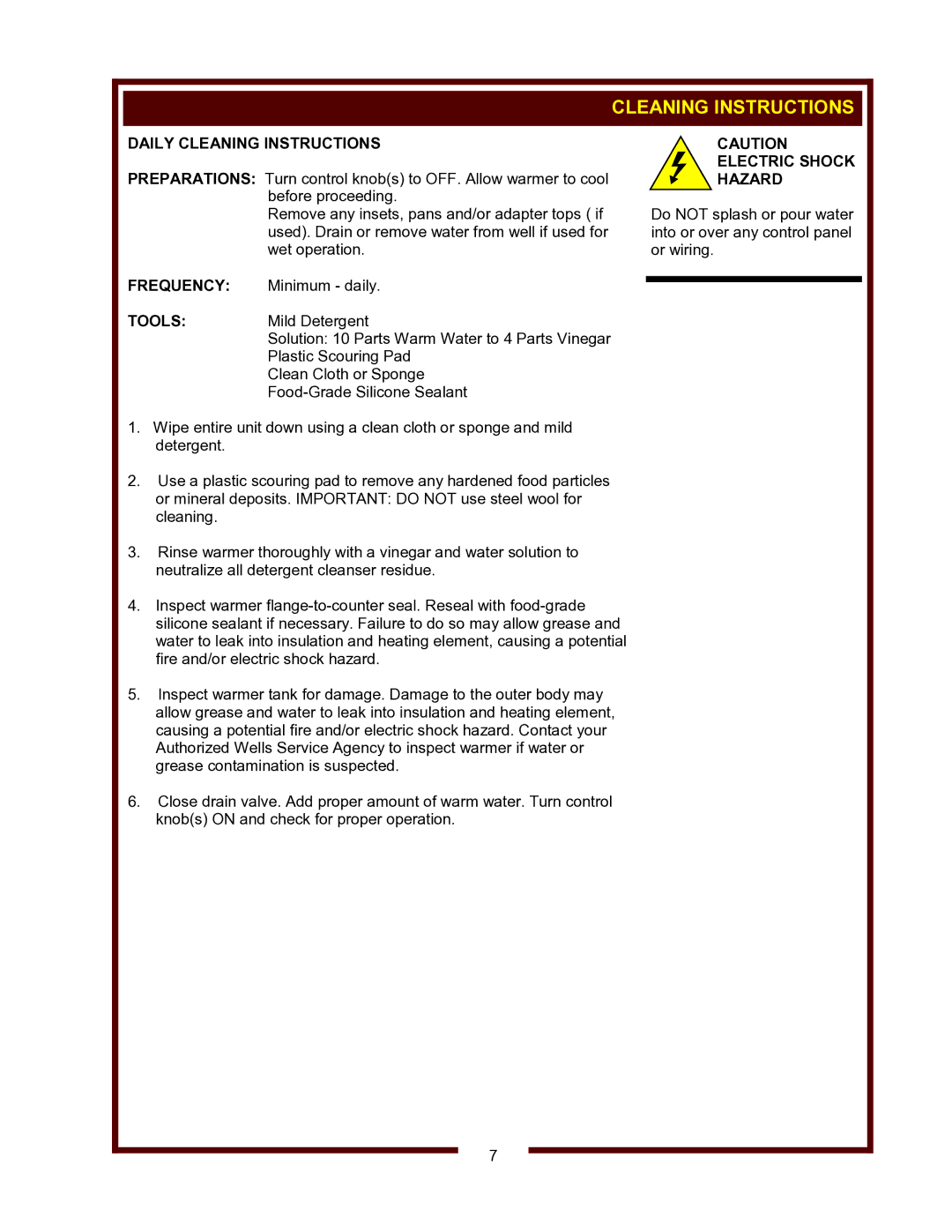 Wells HW/SMP-6D, HW-106D operation manual Daily Cleaning Instructions, Frequency, Tools, Electric Shock Hazard 