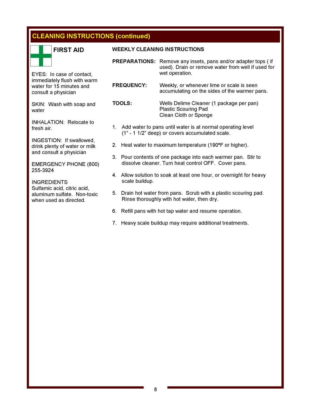 Wells HW-106D, HW/SMP-6D operation manual CLEANING INSTRUCTIONS continued, First Aid, Weekly Cleaning Instructions 