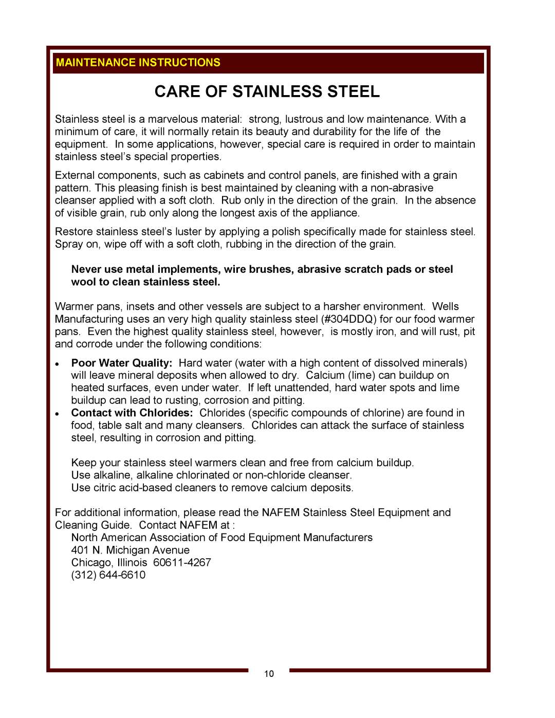 Wells HW-106D, HW/SMP-6D operation manual Care Of Stainless Steel, Maintenance Instructions 