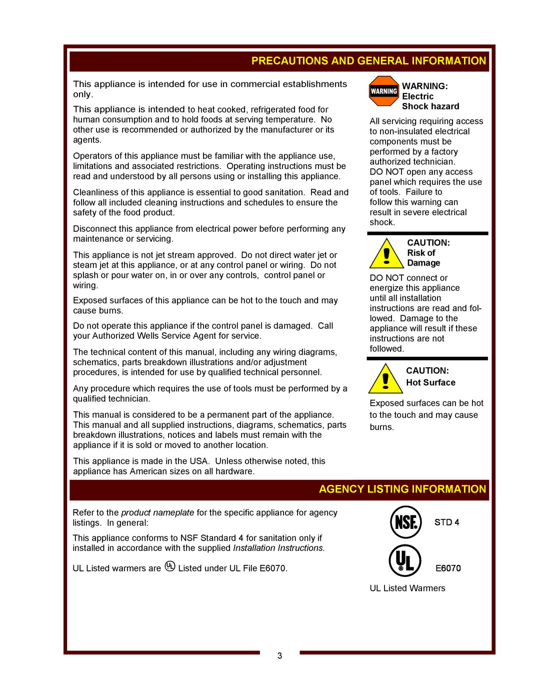 Wells HW/SMP-6D Precautions And General Information, Agency Listing Information, Electric Shock hazard, Risk of Damage 