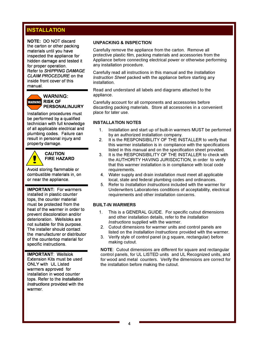 Wells HW-106D Risk Of Personalinjury, Fire Hazard, Unpacking & Inspection, Installation Notes, Built-In Warmers 