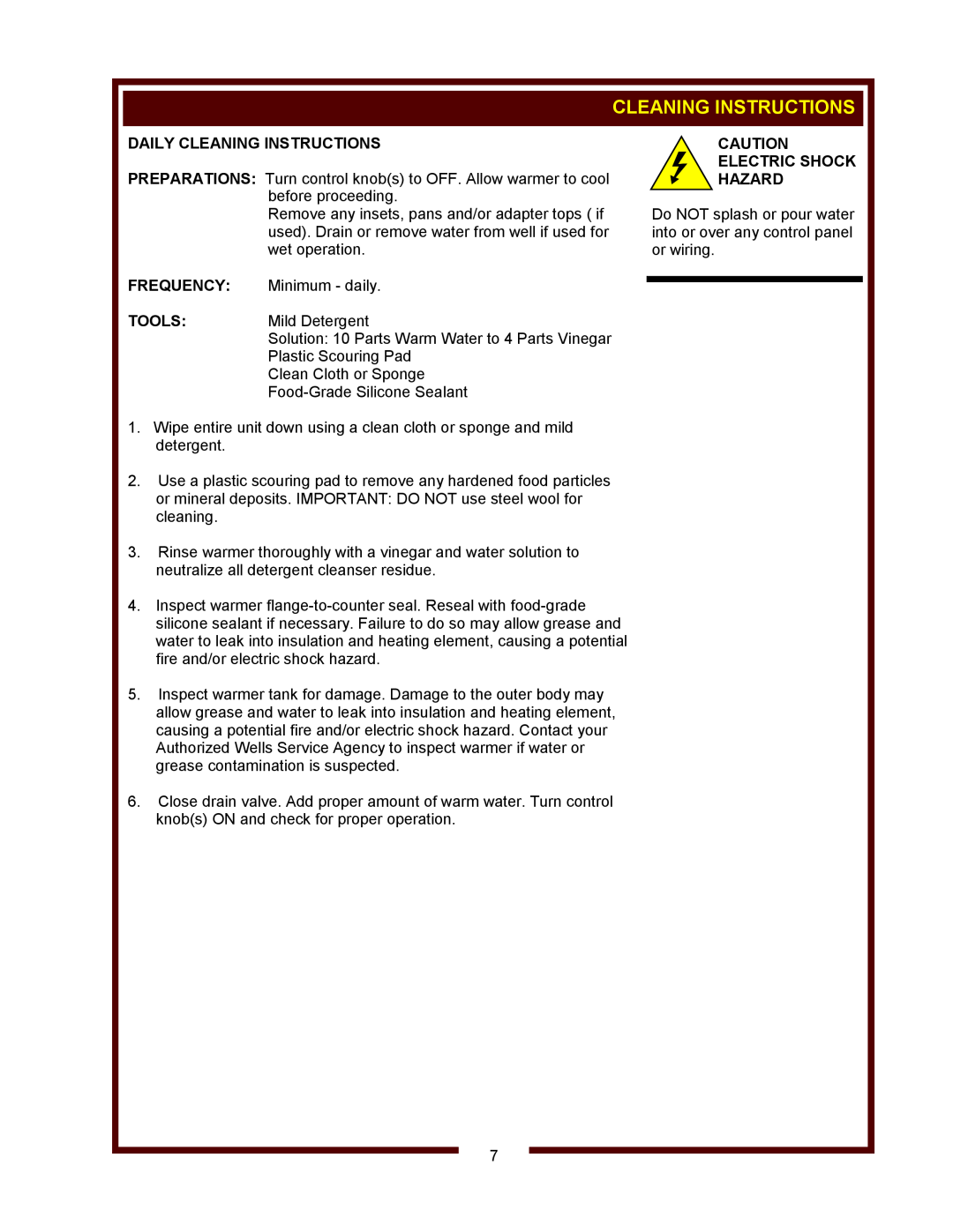 Wells HW/SMP-6D, HW-106D operation manual Daily Cleaning Instructions, Frequency, Tools, Electric Shock Hazard 