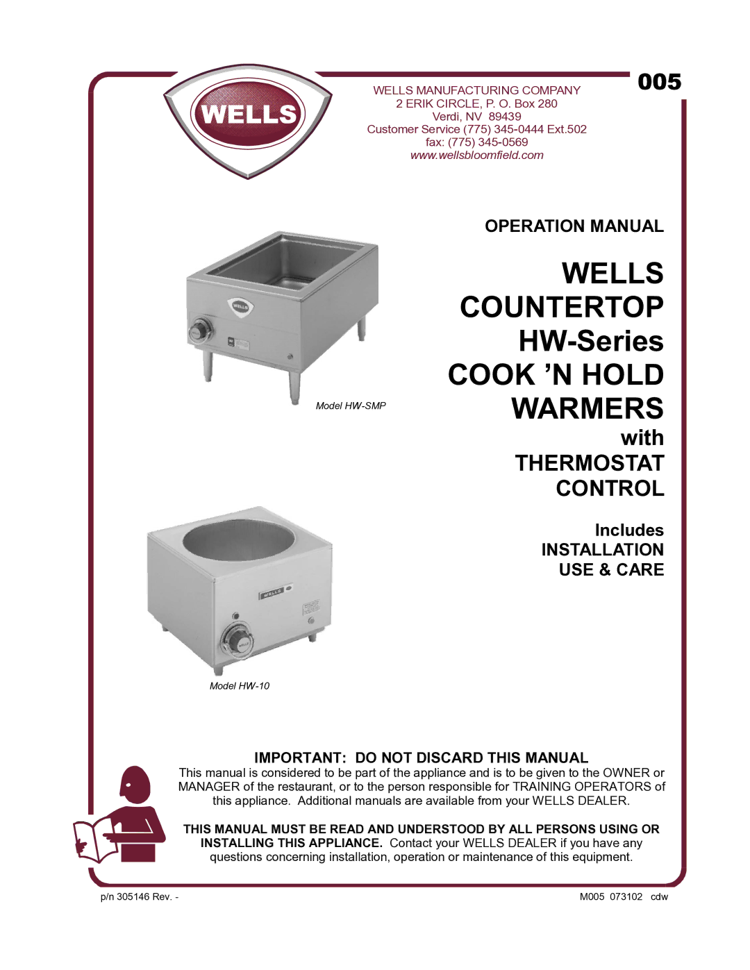 Wells HW-10, HW-SMP operation manual Cook ’N Hold Warmers 