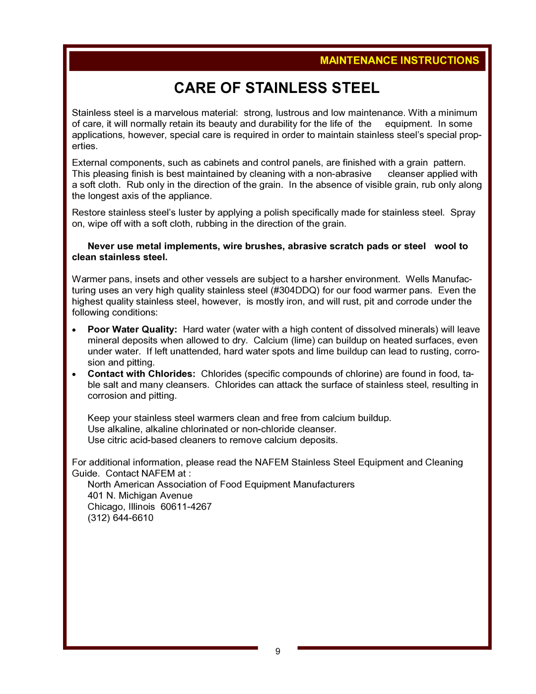 Wells HW-10, HW-SMP operation manual Care of Stainless Steel, Maintenance Instructions 