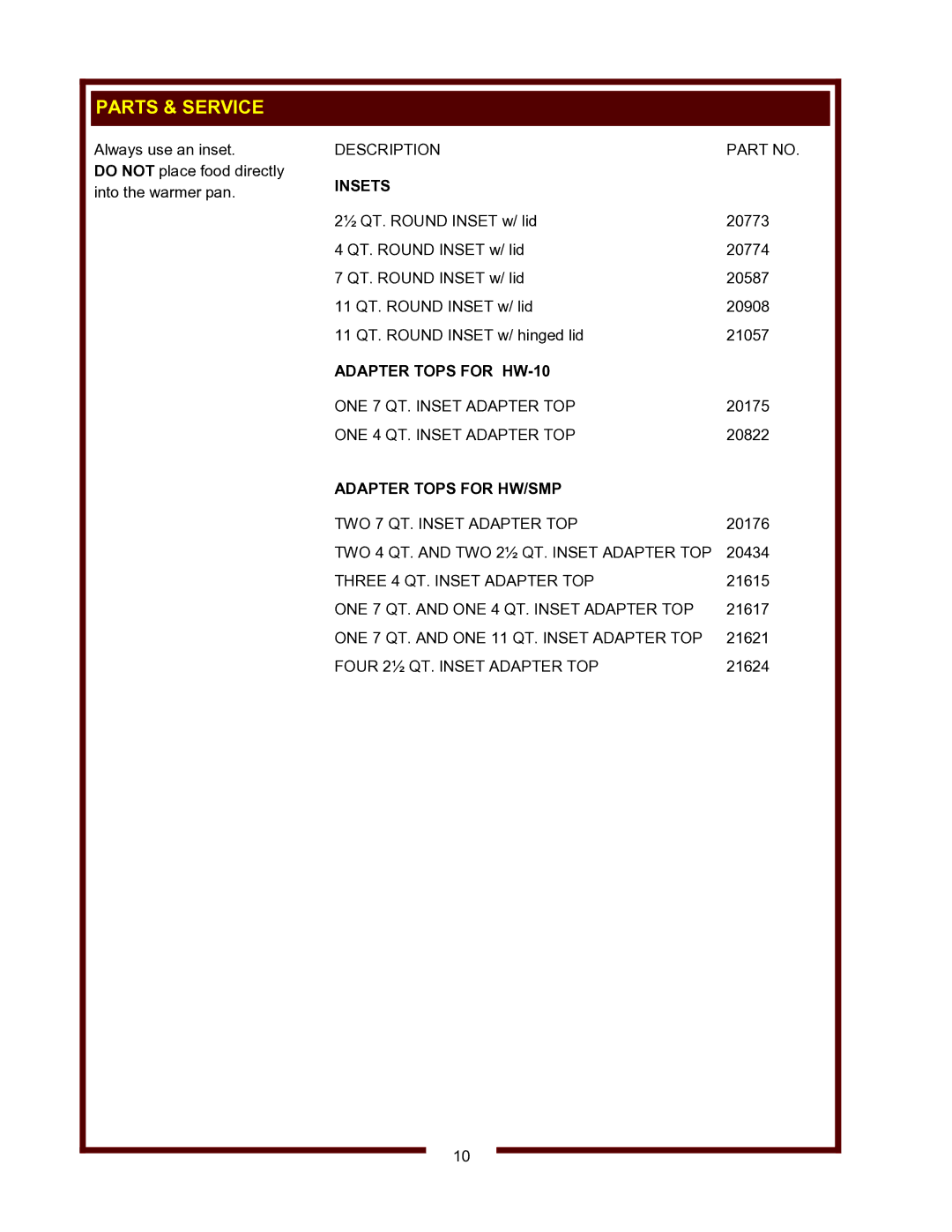 Wells HW-SMP operation manual Parts & Service, Insets, Adapter Tops for HW-10, Adapter Tops for HW/SMP 